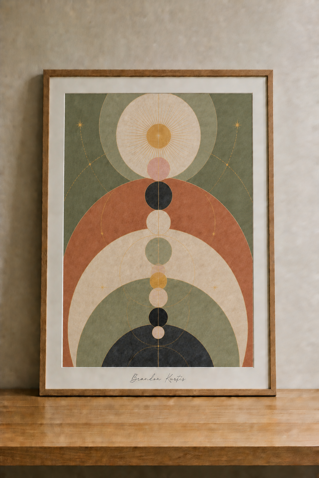 Abstract celestial art in wooden frame