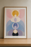 Abstract geometric art on wooden shelf