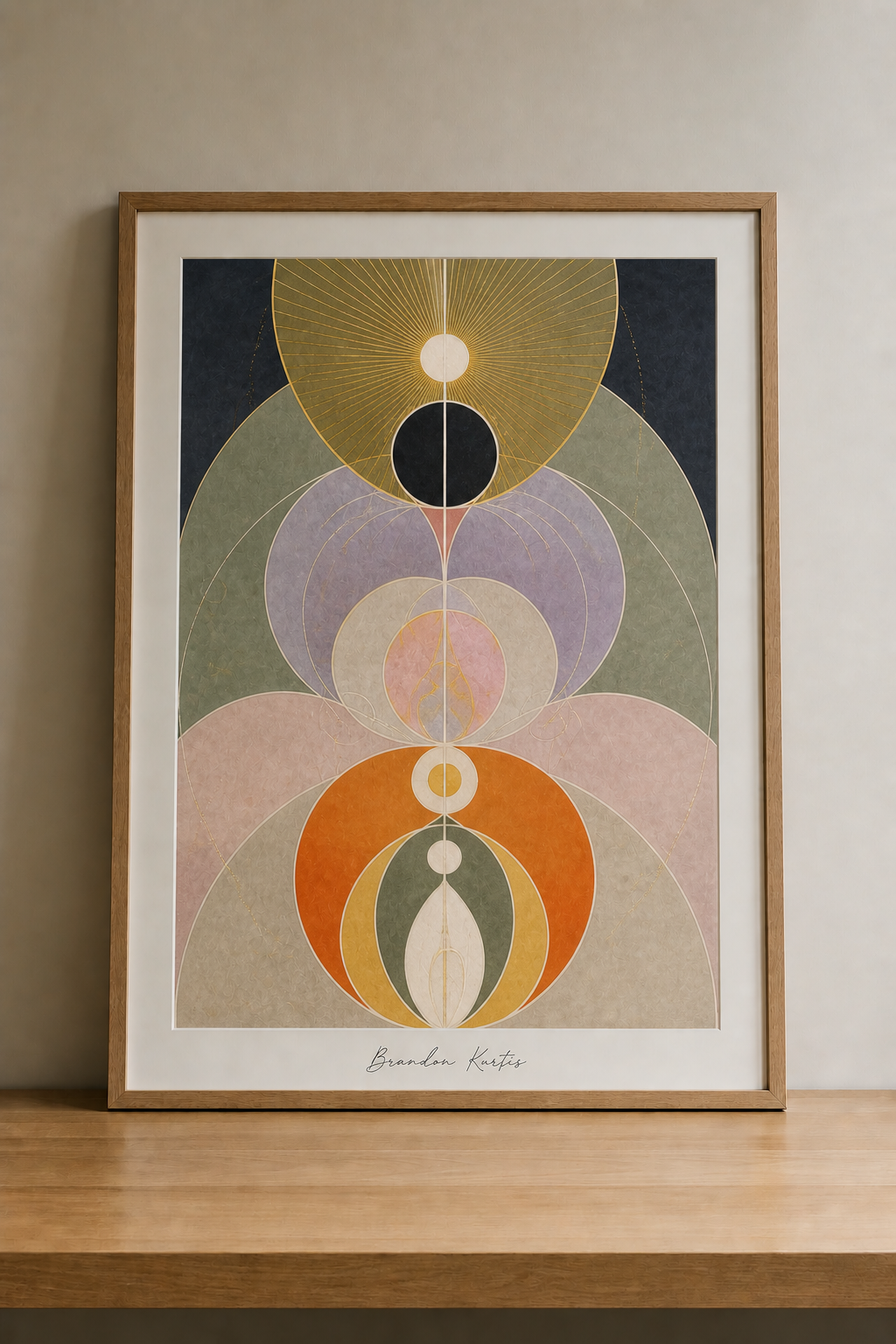 Abstract geometric art on wood tabletop