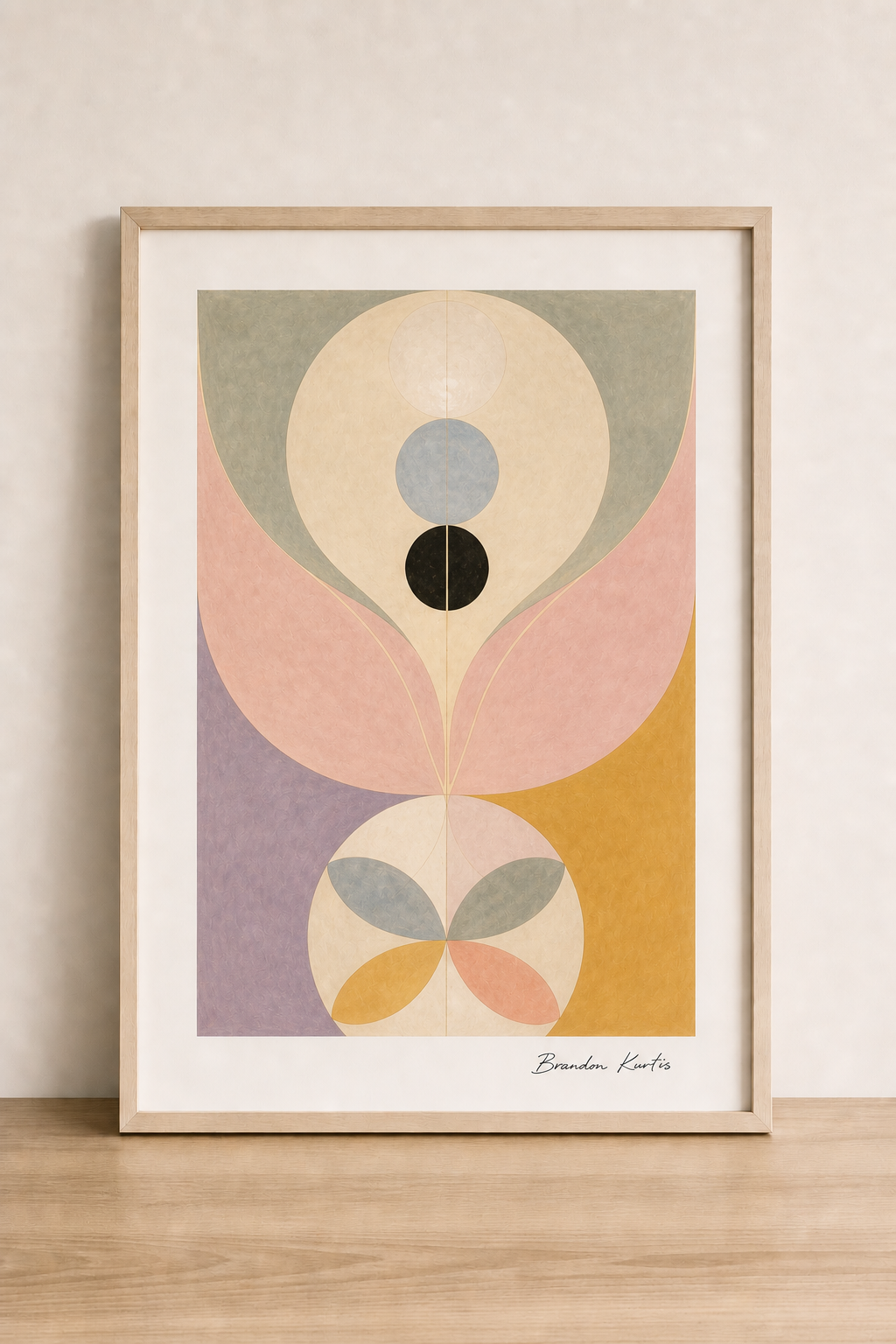 Abstract geometric artwork on light wood
