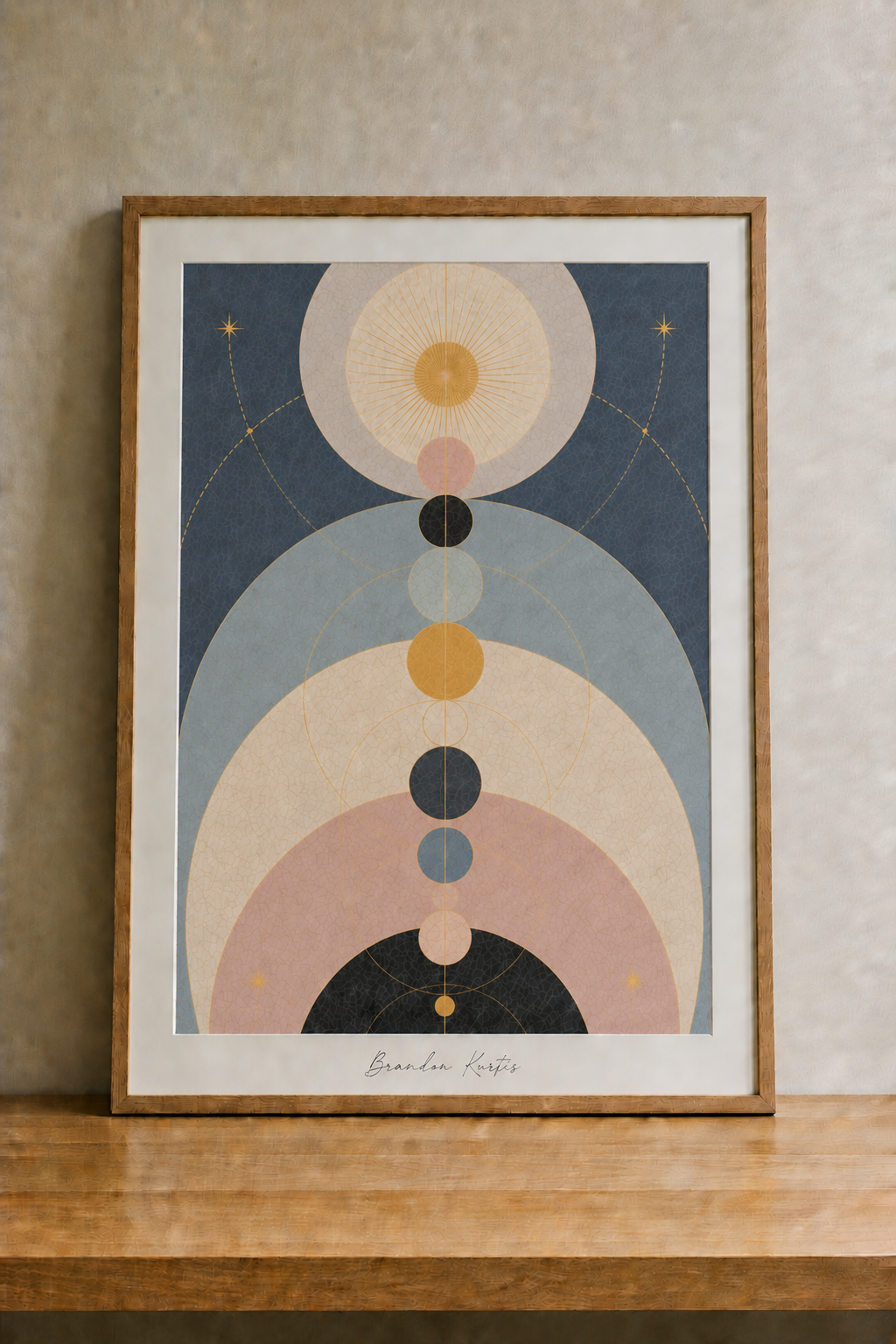 Geometric celestial art on wooden table