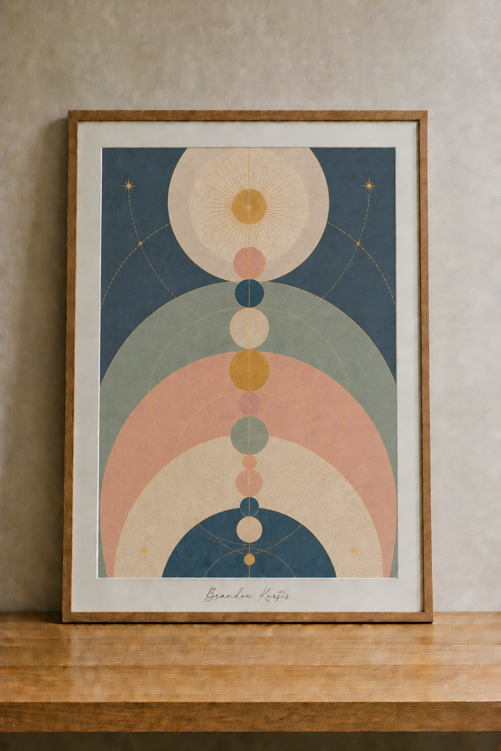 Modern geometric art on wooden shelf